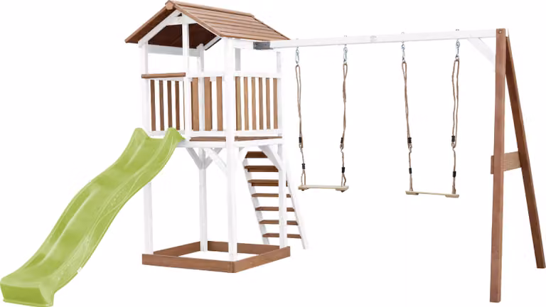 AXI Beach Tower parco giochi in legno in marrone e bianco | Torre di gioco con sabbiera, doppia altalena e scivolo verde lime | Casa per bambini su palafitte per il giardino