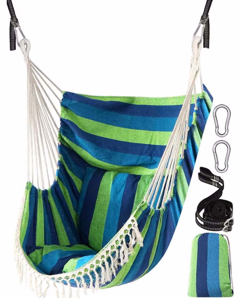 Sedia a dondolo con 2 cuscini, realizzata in tessuto di cotone morbido, con tasca laterale, decorazioni a frangia, colore blu e verde