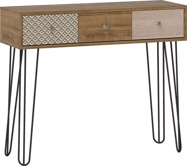 Tavolo Consolle HOMCOM in Legno Naturale e Acciaio con 3 Cassetti in Stile Bohemien