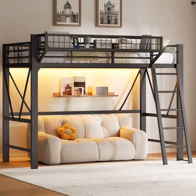 Letto a soppalco ¨C Minimal ¨C nero metallo con LED 90x200 cm