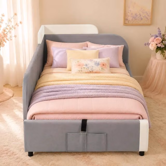 Letto singolo imbottito per bambini con contenitore idraulico, struttura in velluto e compensato grigio, 90x200 cm