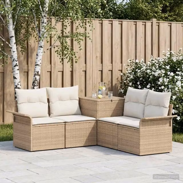 Set di divani da giardino a forma di U vidaXL in polyrattan beige e bianco con cuscini e pouf coordinato – 1