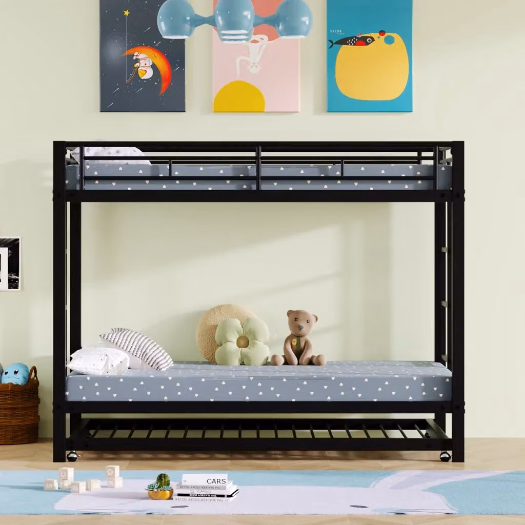 Letto a castello in metallo con letto estraibile, sponde alte e doghe, nero, L/P/H: 90 x 200 x 112 cm – 2