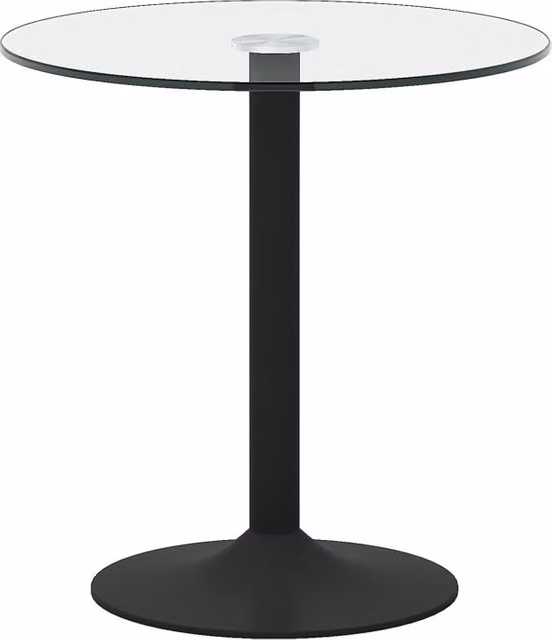 Tavolo da bar rotondo moderno in vetro temperato trasparente Ø 89 cm con base in metallo nero, altezza 92 cm