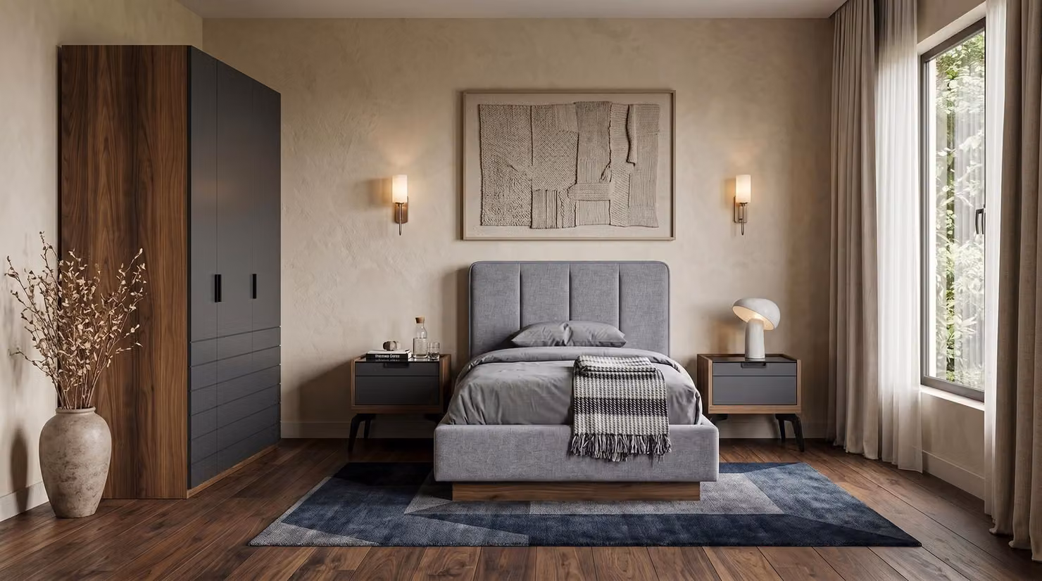 Set completo per camera da letto: letto, due comodini e armadio, colore grigio, design moderno