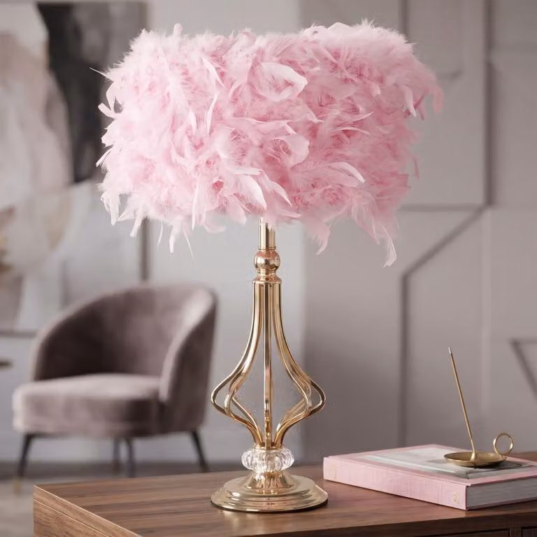 Lampada da tavolo con paralume a forma di piuma, struttura in metallo e dettagli in cristallo, dimensioni 25x54 cm, colore rosa oro, modello Tarty di Mauro Ferretti