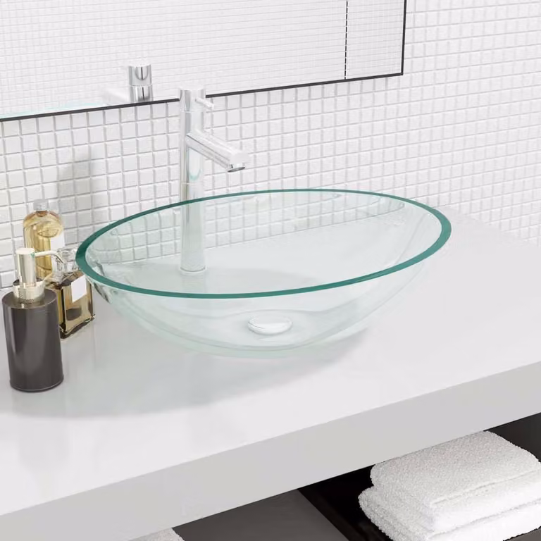 vidaXL Lavandino da appoggio in vetro ovale trasparente L 50 cm x P 37 cm x H 14 cm