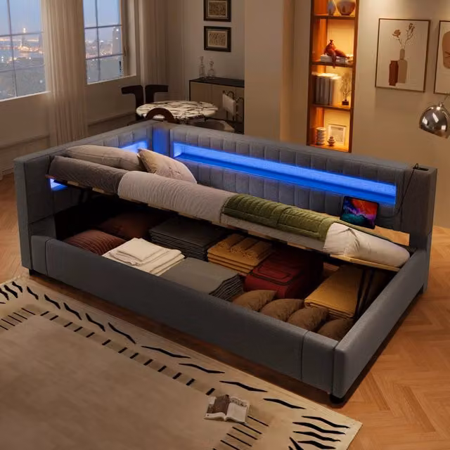 Letto divano 90x200 cm con contenitore con contenitore idraulico; LED; luce ai piedi; USB e Type-C; lino; grigio