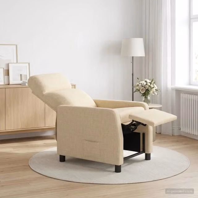 Poltrona reclinabile relax in tessuto beige con braccioli e struttura moderna per soggiorno o ufficio