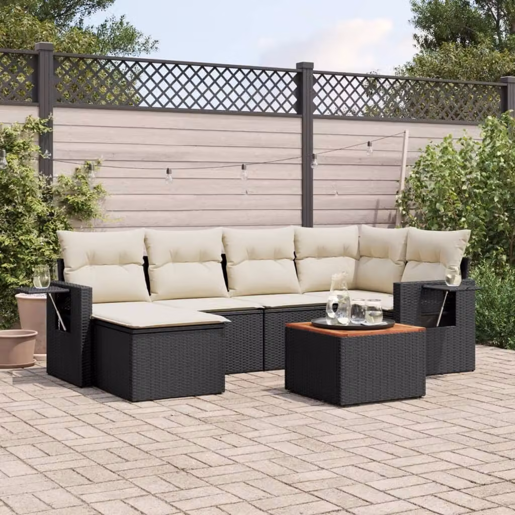 vidaXL Set Divani da Giardino a L con 7 Pezzi in Polyrattan Nero e Cuscini Imbottiti – 1