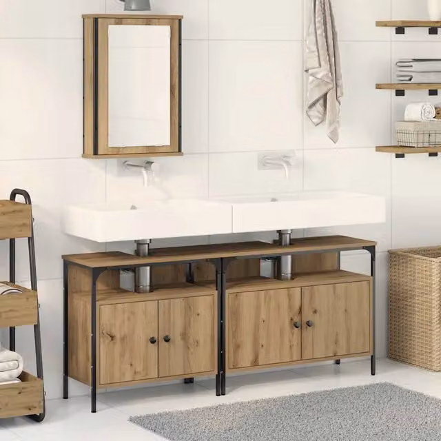 Set da bagno moderno vidaXL in legno marrone con mobile sottolavabo e armadietto con specchio, L: 80 cm, P: 30 cm, H: 60 cm