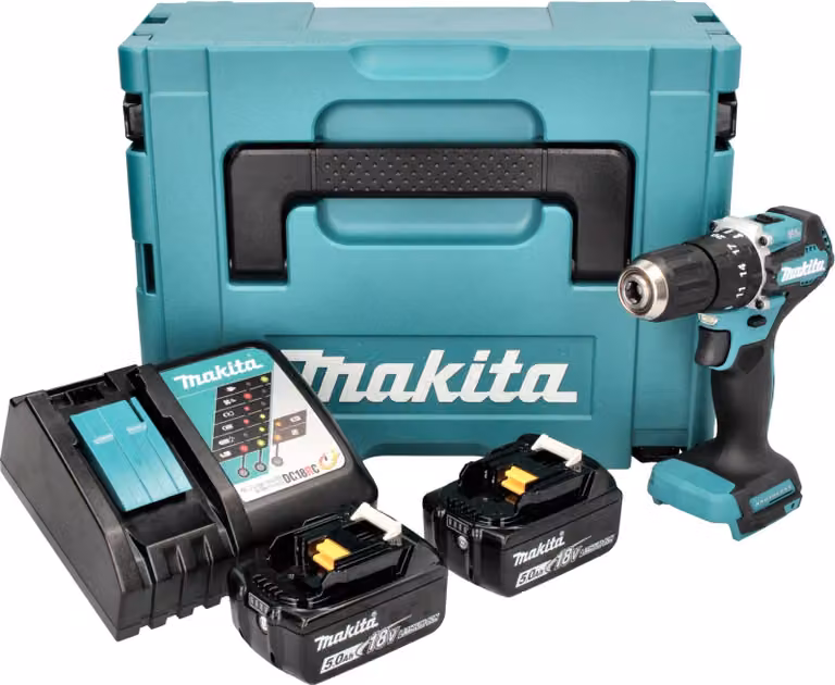Makita DHP 487 RTJ 18 V 40 Nm Brushless Cordless Drill + 2x 5.0 Ah Batterie + Caricabatterie + Makpac