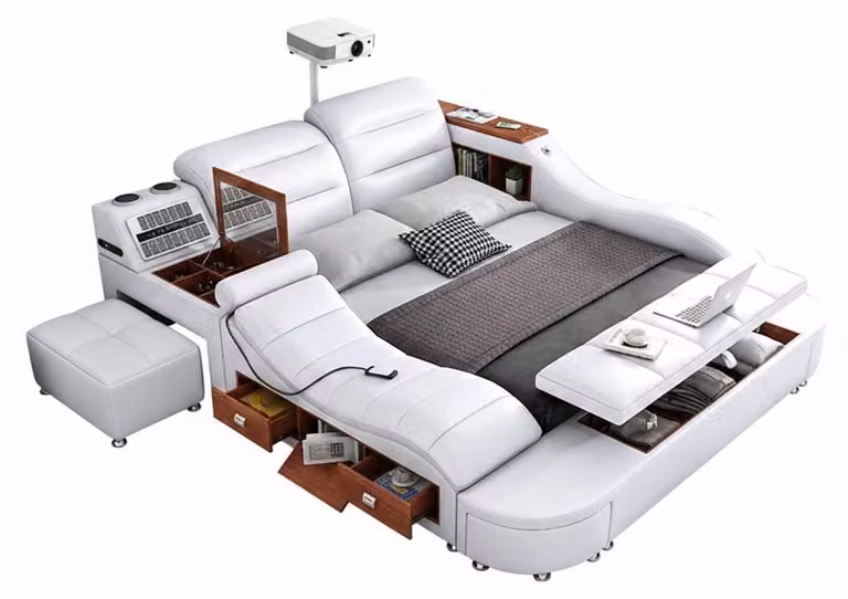 Letto multifunzionale, stile moderno, color beige, struttura in legno, comodo