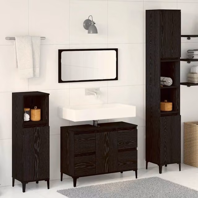 Set di mobili per il bagno 3 pz Rovere Nero 30 x 30 x 180 cm 3333091