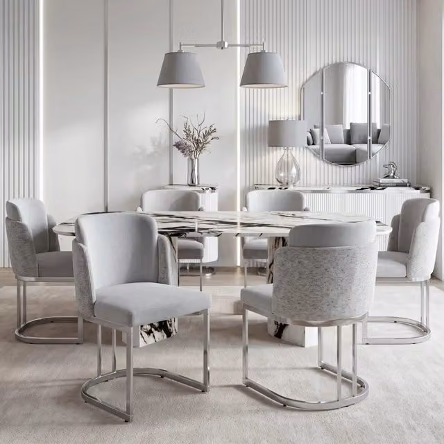 Set da 6 sedie imbottite in chenille REDOM grigio e argento con struttura in metallo L: 61,5 cm, P: 53,5 cm, H: 86 cm
