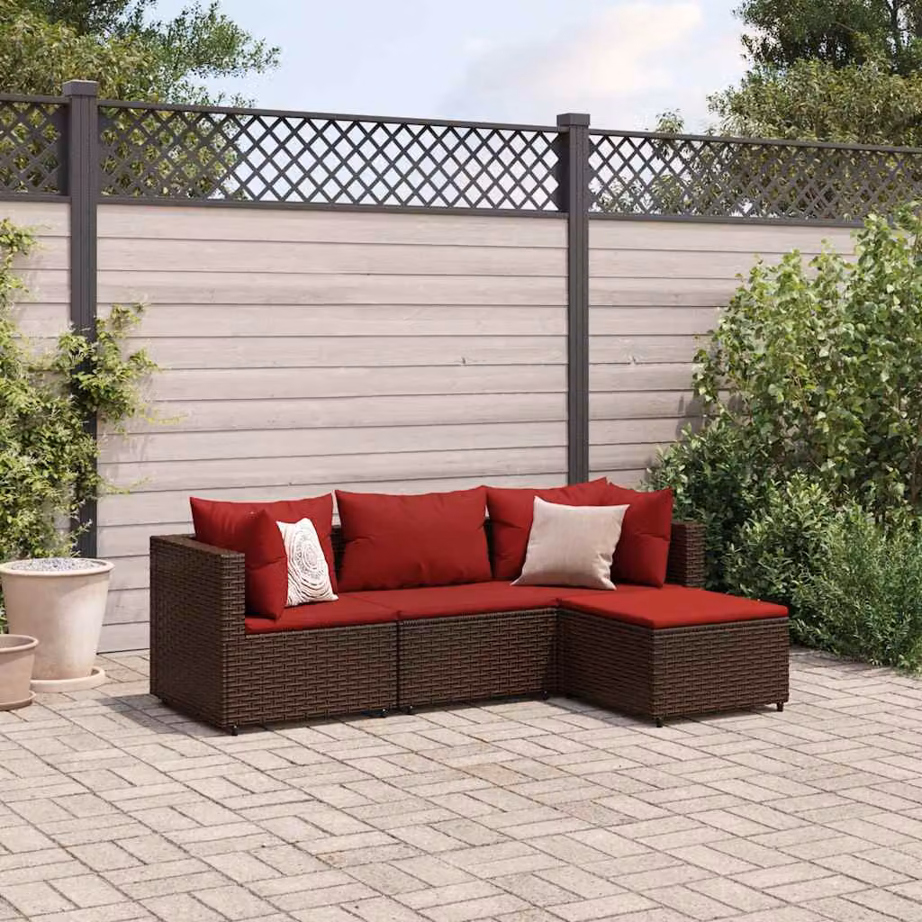 Set di mobili da giardino vidaXL a forma di L con cuscini e pouf in rattan marrone e struttura in acciaio verniciato a polvere – 1