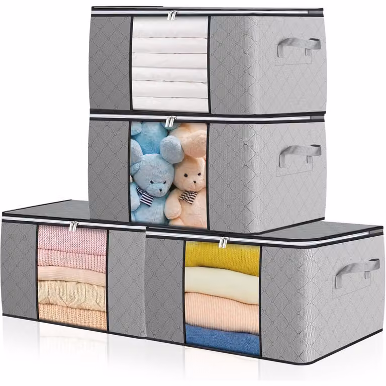 Sacchetti di stoccaggio da 90 litri, colore grigio, confezione da 4, con finestra trasparente e maniglie rinforzate