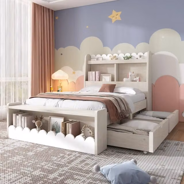 Letto Singolo REDOM con Cassetti e Ripiani per Cameretta, Bianco e Rovere, L/P/H: 190 x 90 x 120 cm