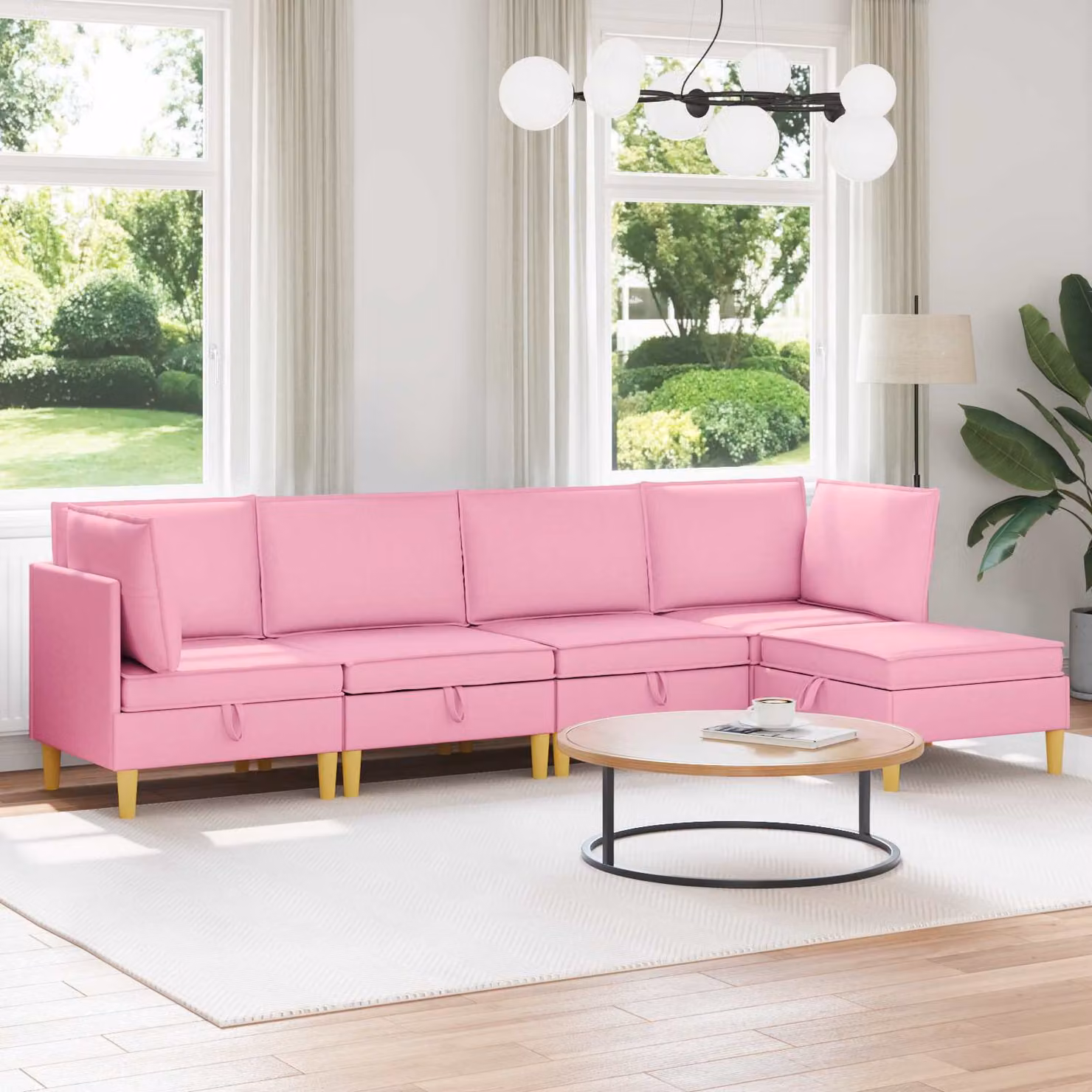 Set di divani modulari L-shape vidaXL in tessuto rosa con pouf coordinato e coperture rimovibili
