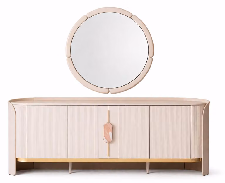 Credenza beige con specchio, cassettiera e credenza per la sala da pranzo