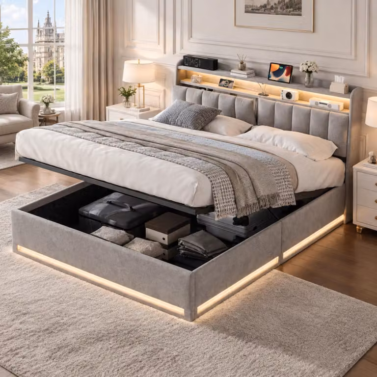 Letto imbottito INONEFT, 140 x 200 cm, letto matrimoniale con LED e USB, letto con sistema di sollevamento idraulico, contenitore e rete a doghe, letto per adulti, in velluto, colore grigio