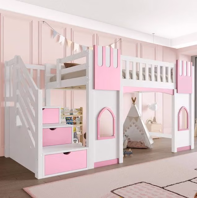 Letto a soppalco 90x200 cm con scala contenitore e 2 finestre; MDF e pino; bianco e rosa