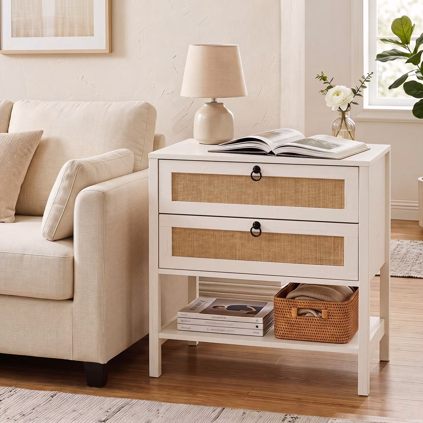 Comodino Costway bianco con 2 cassetti e 1 ripiano aperto in rattan per camera da letto o soggiorno