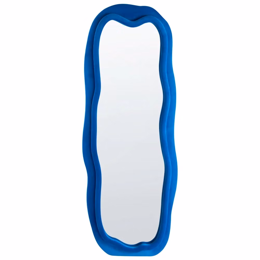 Specchio da parete decorativo BELIANI in stile moderno con forma organica, colore blu, telaio in vetro, legno e velluto, L: 160 cm, P: 56 cm – 2