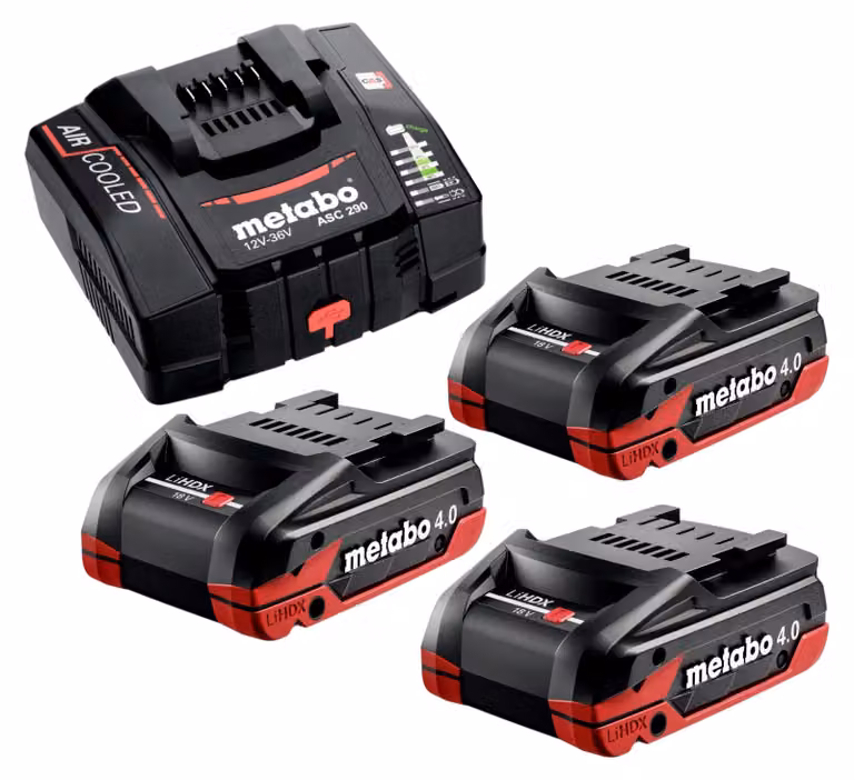 Set base Metabo 3x batteria LiHDX 18 V 4,0 Ah ( 3x 624974000 ) + caricatore ASC 290 ( 627370000 )