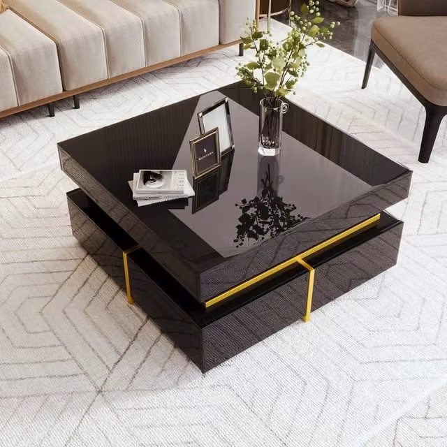 Tavolino da Salotto Minimal Design Moderno con Cassetti Lucidi Nero e Oro L/P/H: 70 x 70 x 35.5 cm