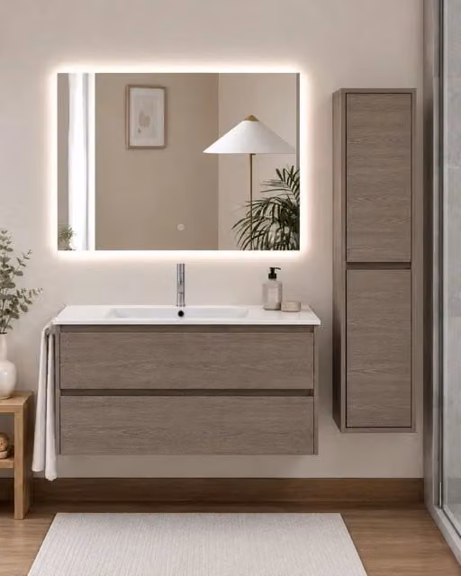 Mobile bagno con lavabo ORIGENBATH IBIZA senza specchio 80x40 cm rovere smoky con colonna