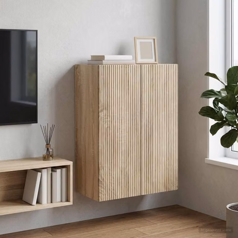 Mobiletto a muro moderno vidaXL in legno marrone con illuminazione LED e ripiani interni L: 66 cm, P: 34,5 cm, H: 90 cm