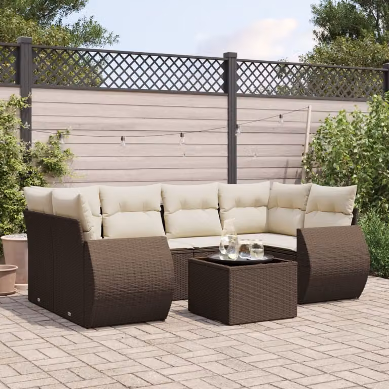 vidaXL Set Divani da Giardino 7 pz a Forma a L in Polyrattan Marrone con Cuscini e Tavolino da Esterno