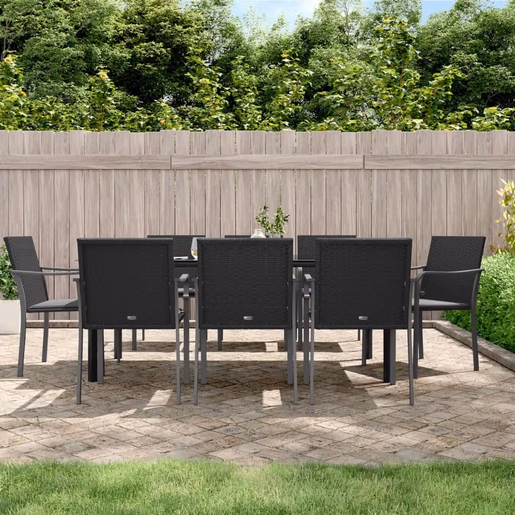 Set da pranzo da giardino vidaXL in polyrattan e acciaio con cuscini, 9 pezzi, nero e grigio