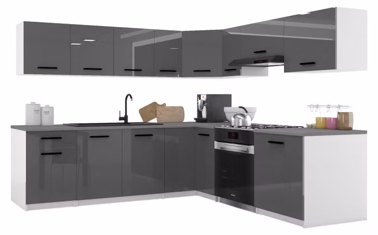 Belini - Linea cucina moderna ITALIA 7 - Mobili da cucina 420 cm grigio lucido - Cucina componibile con pensili, mobili base e piani di lavoro