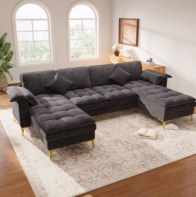 Divano modulare a U 4-5 posti con 2 chaise longue in ciniglia grigia HOMVRA