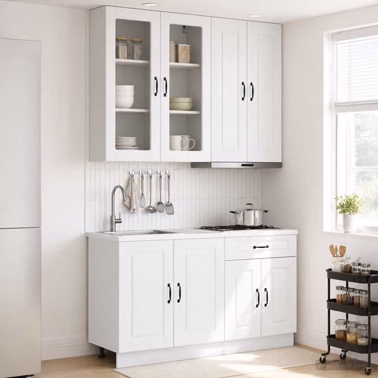 Set di unità cucina moderna vidaXL KALMAR composto da 4 pezzi in bianco lucido con ante in vetro e legno MDF