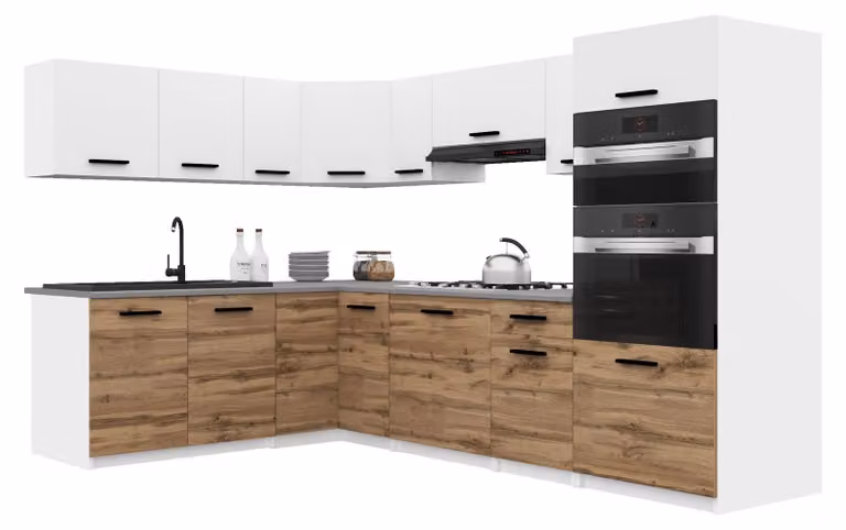 Belini - Angolo cottura moderno ITALIA 8 - Mobili da cucina 420 cm bianco-marrone dorato opaco - Cucina componibile con pensili, mobili base e piani di lavoro