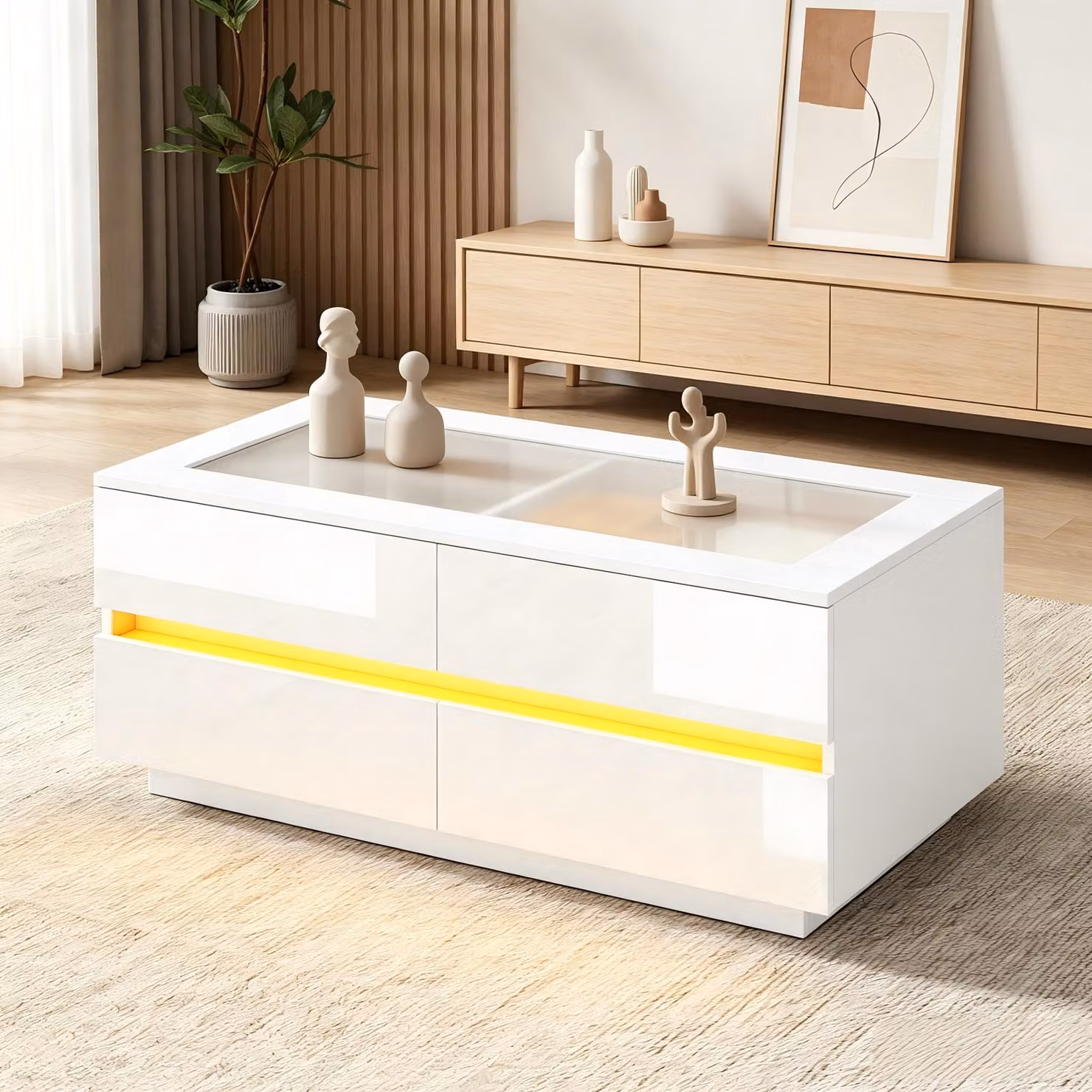 Tavolino da salotto, dimensioni 100x50x40 cm, realizzato in pannello di particelle di legno al 100%, con piano in vetro, colore bianco, dotato di 4 cassetti, illuminazione LED e piano in vetro temperato
