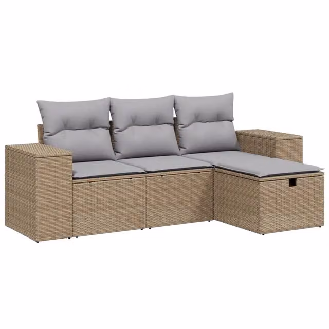 Set Divano da Giardino 4 pz | Set Salotto da Giardino con Cuscini Beige Misto Polyrattan