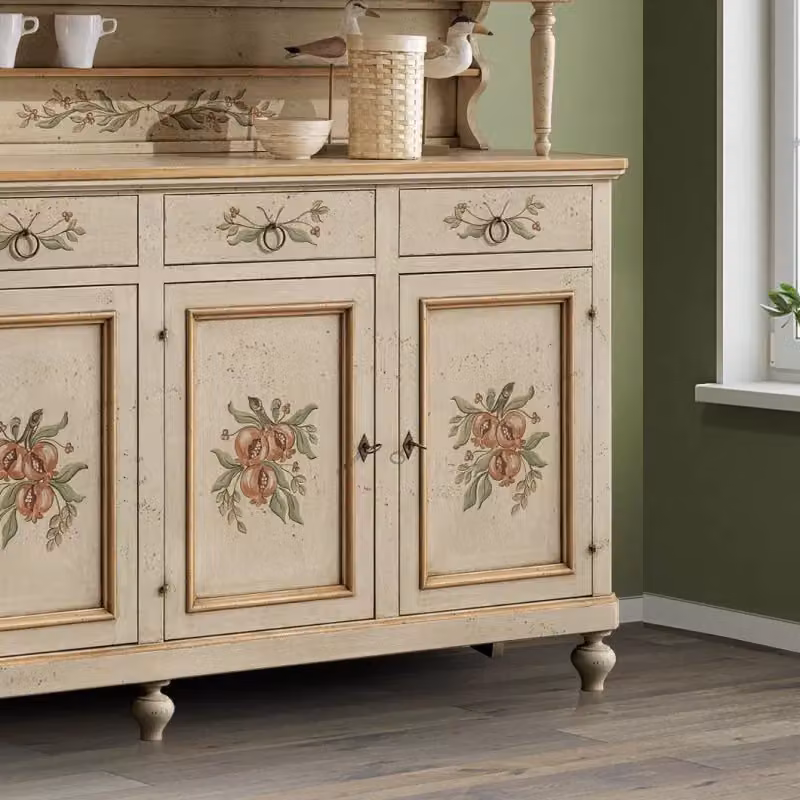 Cristalliera in legno stile shabby chic con 4 ante in vetro e decoro floreale, colore avorio e ocra, Mobili 2G, L: 198 cm, P: 50 cm, H: 227 cm – 3
