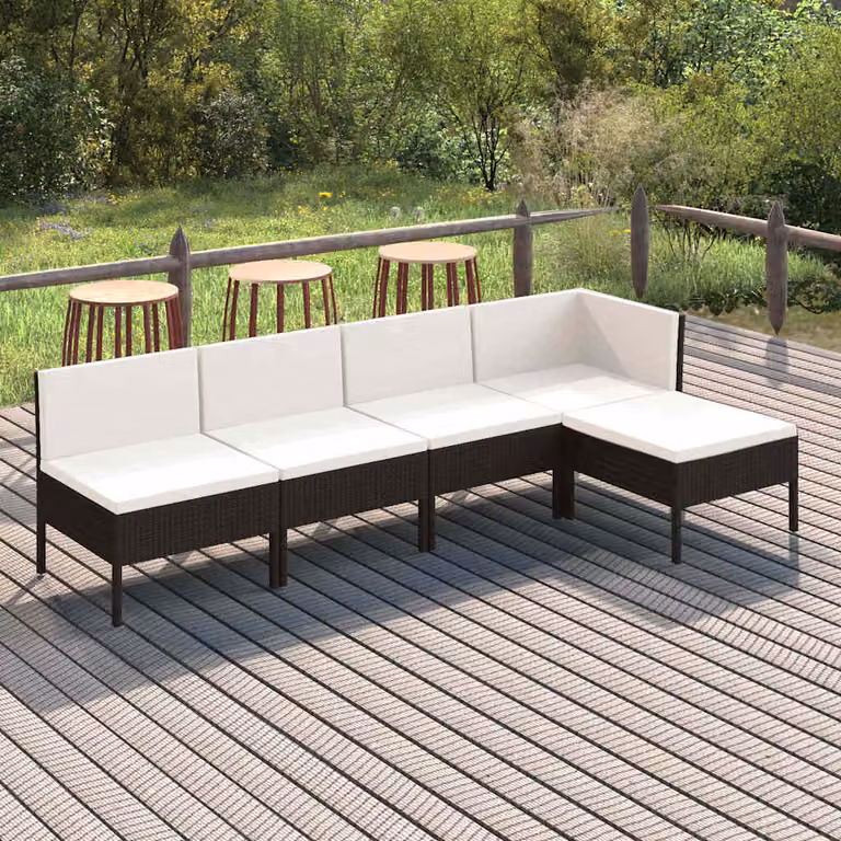 Set da giardino moderno vidaXL composto da 5 pezzi con divano a 3 posti, elemento angolare, pouf e cuscini con rivestimenti rimovibili in colore nero e bianco