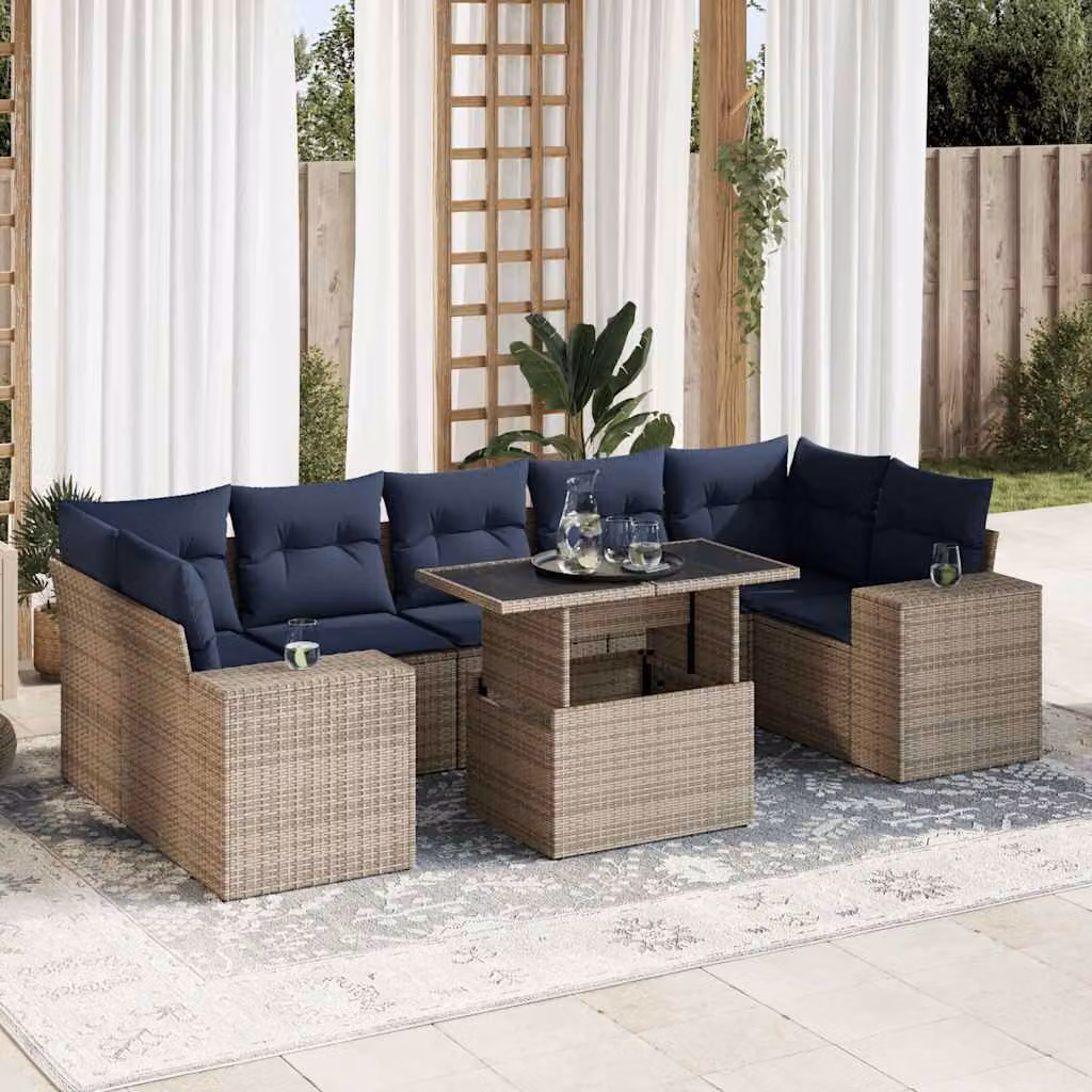 Set Divano da Giardino vidaXL 8 Pezzi a Forma di L con Cuscini e Tavolino, Polyrattan e Legno di Acacia, Grigio e Blu