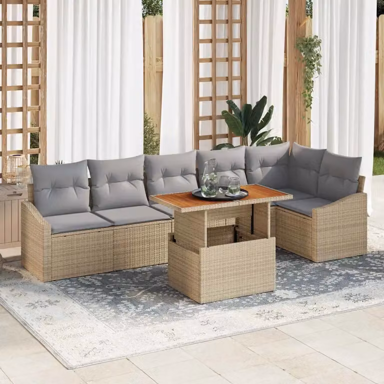 Set da pranzo da giardino vidaXL in legno di acacia e rattan, 7 pezzi, beige e grigio