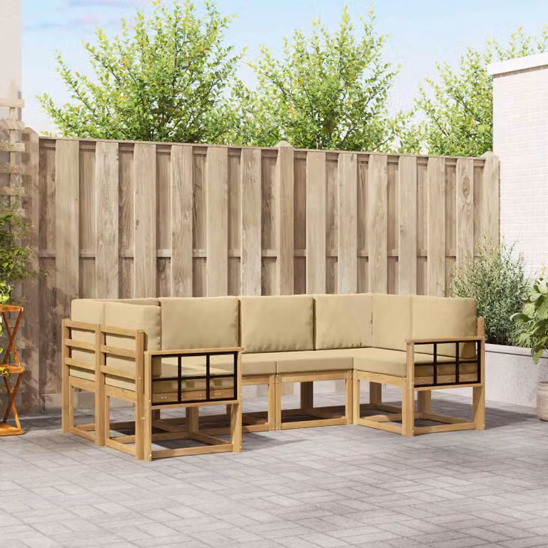 Set di divani da esterno vidaXL a forma di L composto da 6 pezzi in legno di acacia con cuscini, colori bianco, beige e marrone