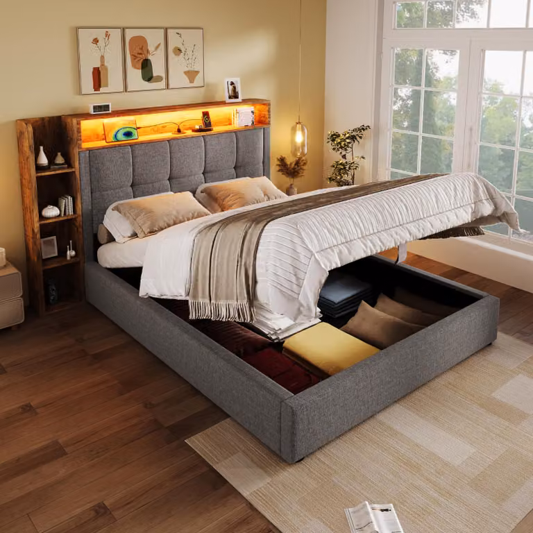 MODFU letto imbottito senza materasso 90x200 struttura letto per giovani con striscia luminosa a LED e connessioni USB/Type-C, letto contenitore con vani a giorno, grigio