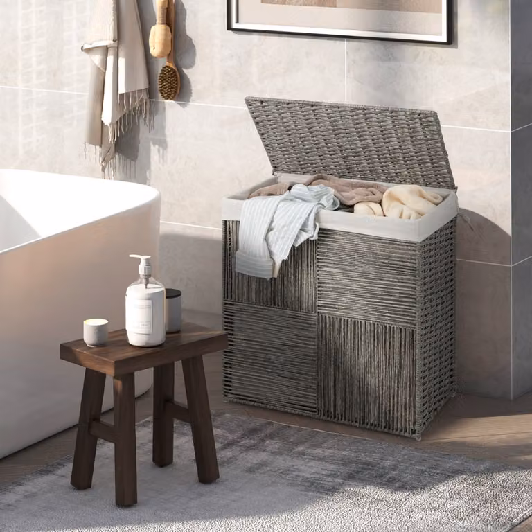 Cesto per il bucato Costway da 110L in rattan intrecciato con coperchio e maniglie, Grigio