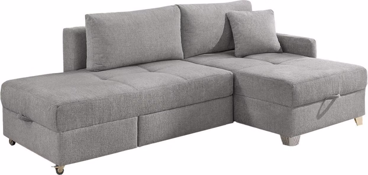 Divano angolare - 232 x 156 cm - Grigio - Tessuto in velluto - Con meccanismo reclinabile e contenitore per biancheria da letto