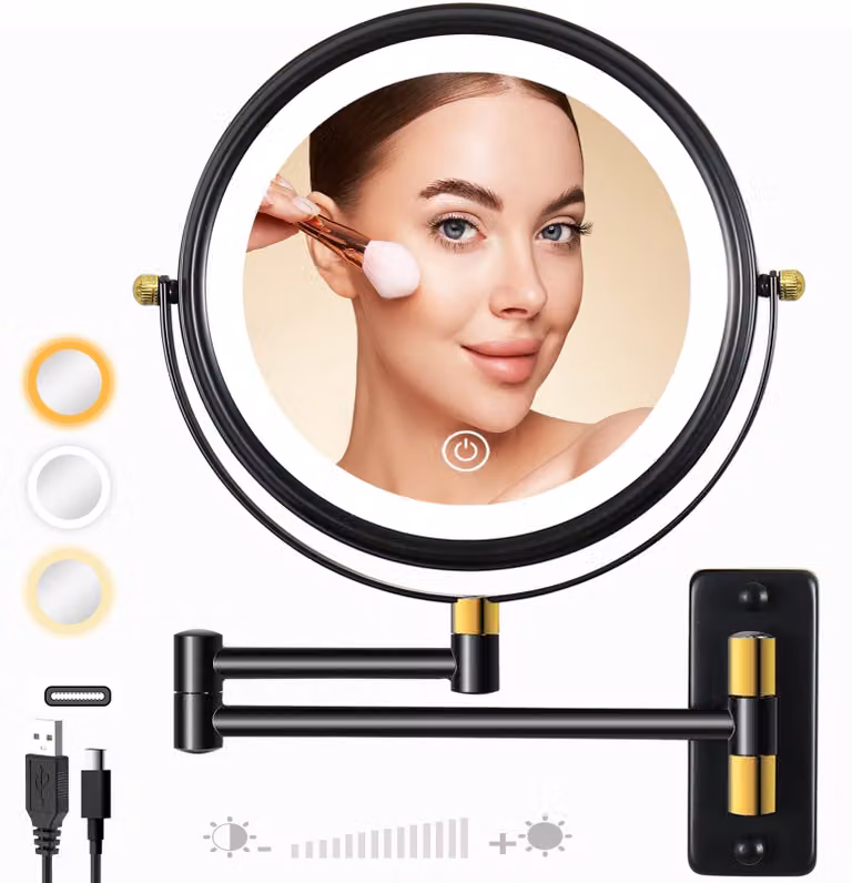 Specchio da trucco con illuminazione, ingrandimento 1X/10X, 8 pollici, colore nero e oro