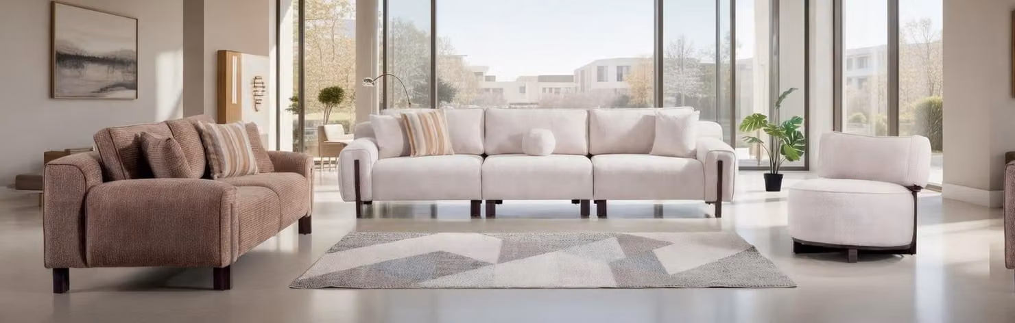 Elegante set divano 4 posti, 3 posti e poltrona, bianco e marrone